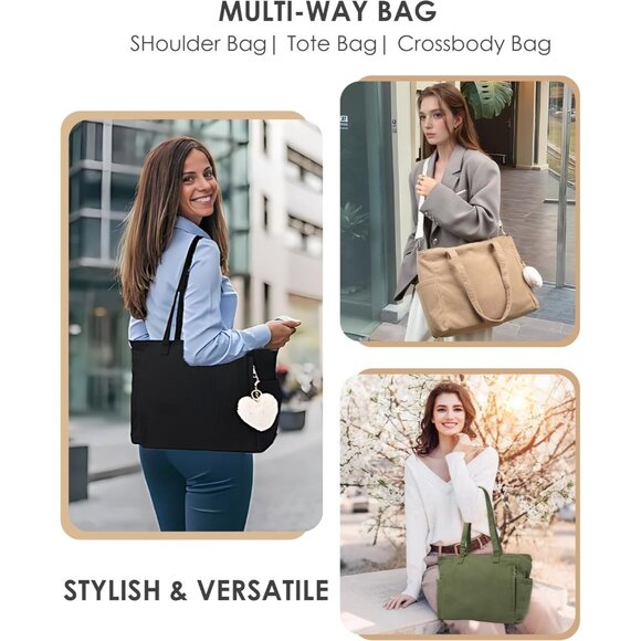 Women Black Corduroy With Polyester Fiber Lining Shoulder Handbag with Pouch - Picture 3 of 8